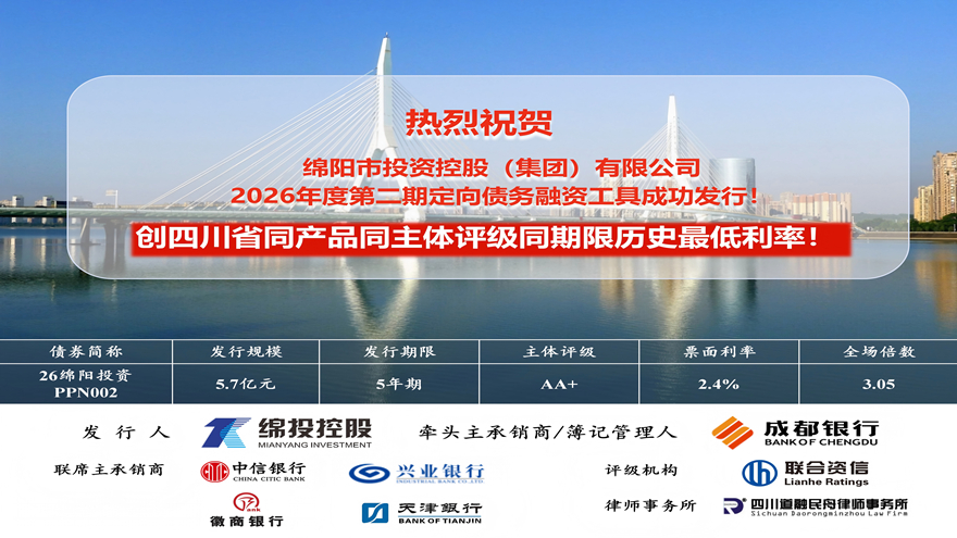 绵投集团成功发行5.7亿元定向债务融资工具票面利率刷新四川历史新低！